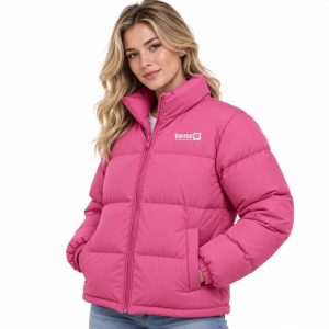 Custom insulated puffer jacket with high collar, full zipper, quilted sections and side pockets
