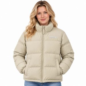 Custom insulated puffer jacket with high collar, full zipper, quilted sections and side pockets
