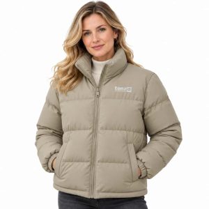 Custom insulated puffer jacket with high collar, full zipper, quilted sections and side pockets