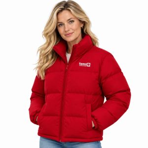 Custom insulated puffer jacket with high collar, full zipper, quilted sections and side pockets