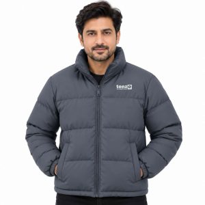 Custom insulated puffer jacket with high collar, full zipper, quilted sections and side pockets