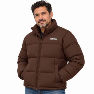 Custom insulated puffer jacket with high collar, full zipper, quilted sections and side pockets
