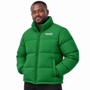 Custom insulated puffer jacket with high collar, full zipper, quilted sections and side pockets