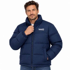 Custom insulated puffer jacket with high collar, full zipper, quilted sections and side pockets