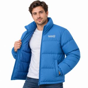 Custom insulated puffer jacket with high collar, full zipper, quilted sections and side pockets