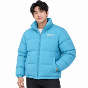 Custom insulated puffer jacket with high collar, full zipper, quilted sections and side pockets