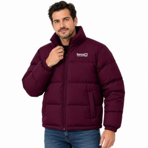 Custom insulated puffer jacket with high collar, full zipper, quilted sections and side pockets