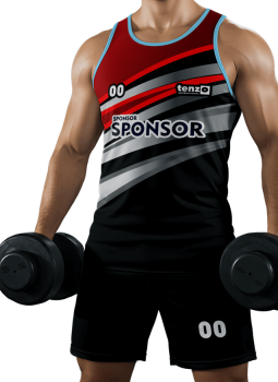 Men gym tank top set with matching workout shorts in purple and white bodybuilding activewear design